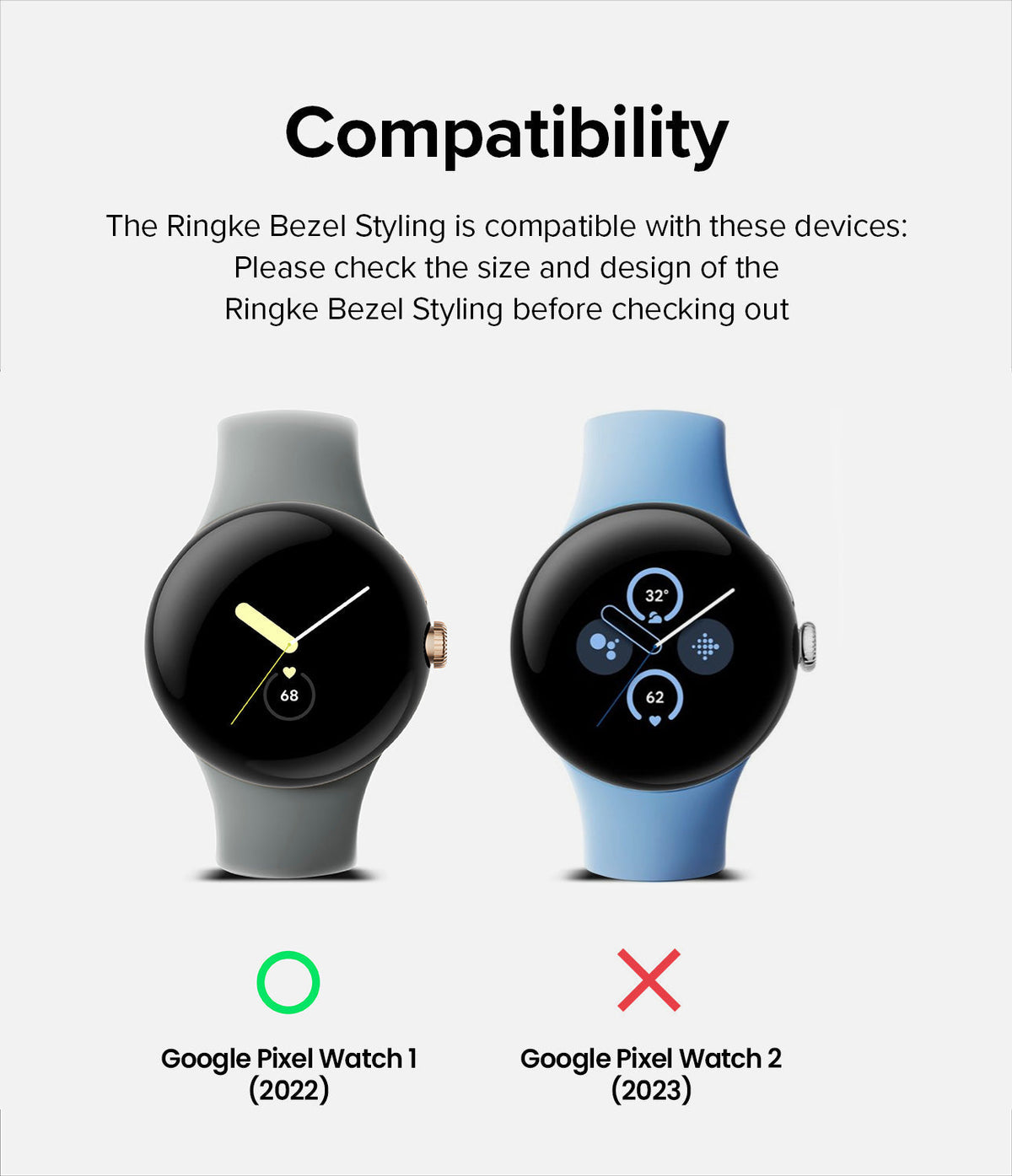 Google Pixel Watch 41mm | Bezel Styling - Compatibility chart showing Ringke bezel fits Pixel Watch 1 but not Watch 2.