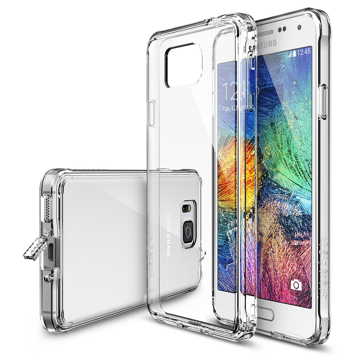 Galaxy Alpha Case | Fusion - Clear protective phone case shown from front and back angles on a Samsung Galaxy Alpha.