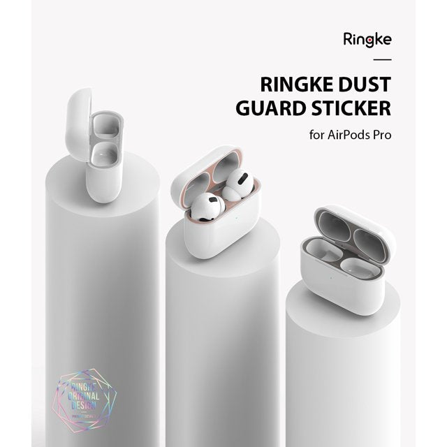 Ringke Airpods Pro Dust Guard Sticker - Three white AirPods Pro cases on pedestals showing metallic dust guard stickers.
