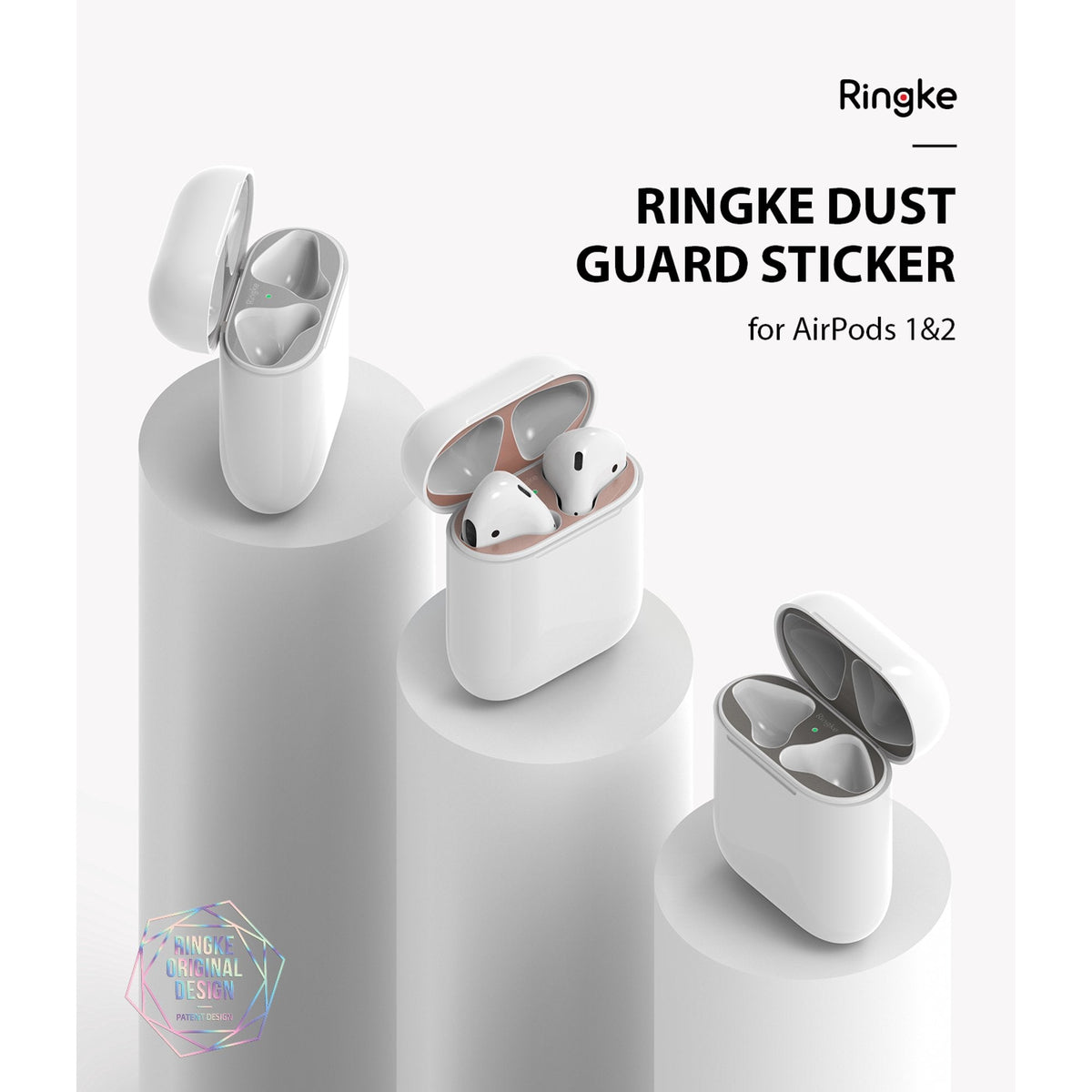 Ringke Airpods 2 / 1 Dust Guard Sticker - Three open AirPods cases on pedestals featuring metallic dust guard stickers.