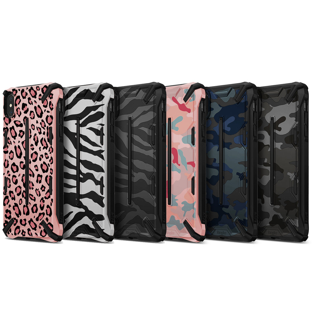 iPhone XS Case | Dual-X Design - Six rugged phone cases in various animal and camouflage prints with black reinforced corners.