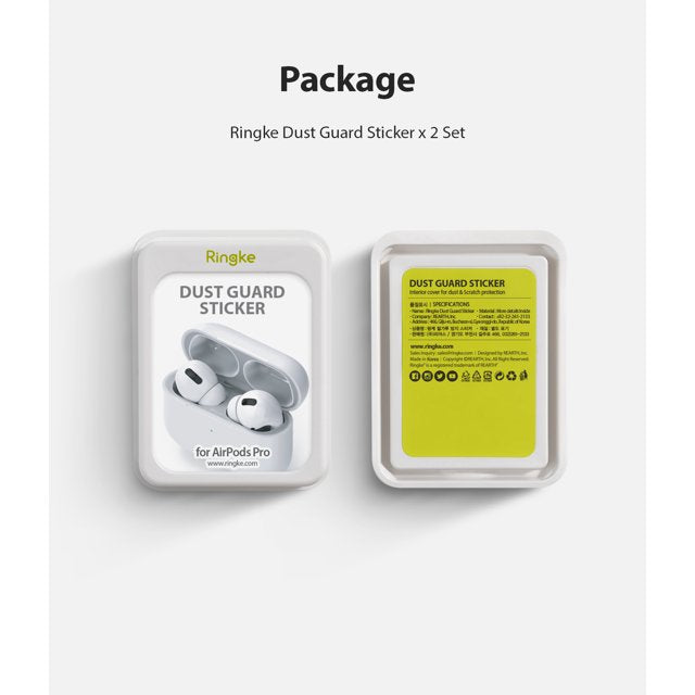 Ringke Airpods Pro Dust Guard Sticker - Two white product packages showing AirPods Pro and technical specifications.