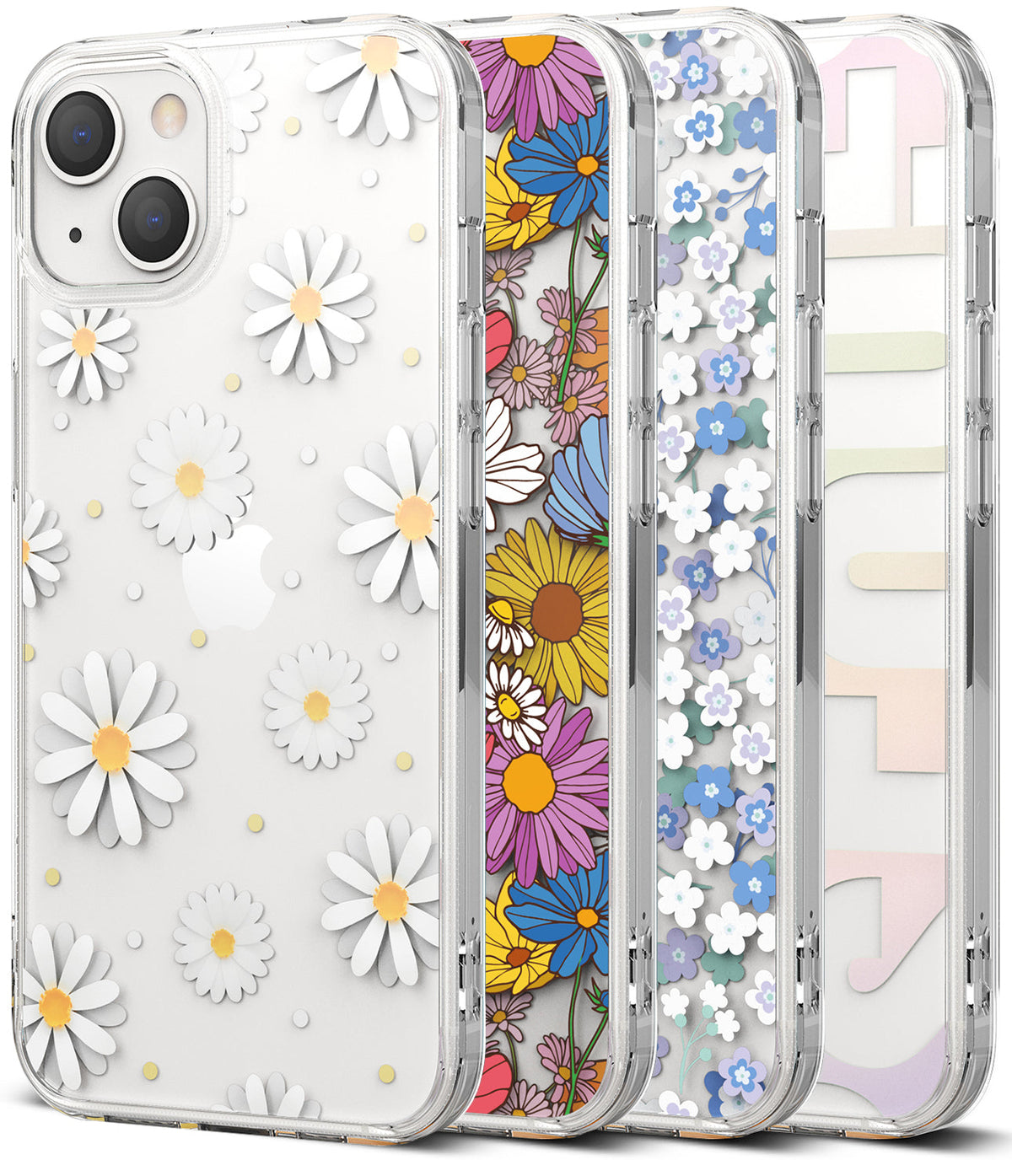 iPhone 13 Case | Fusion Design - Four clear iPhone 13 cases featuring various floral patterns and pastel designs lined up side-by-side.