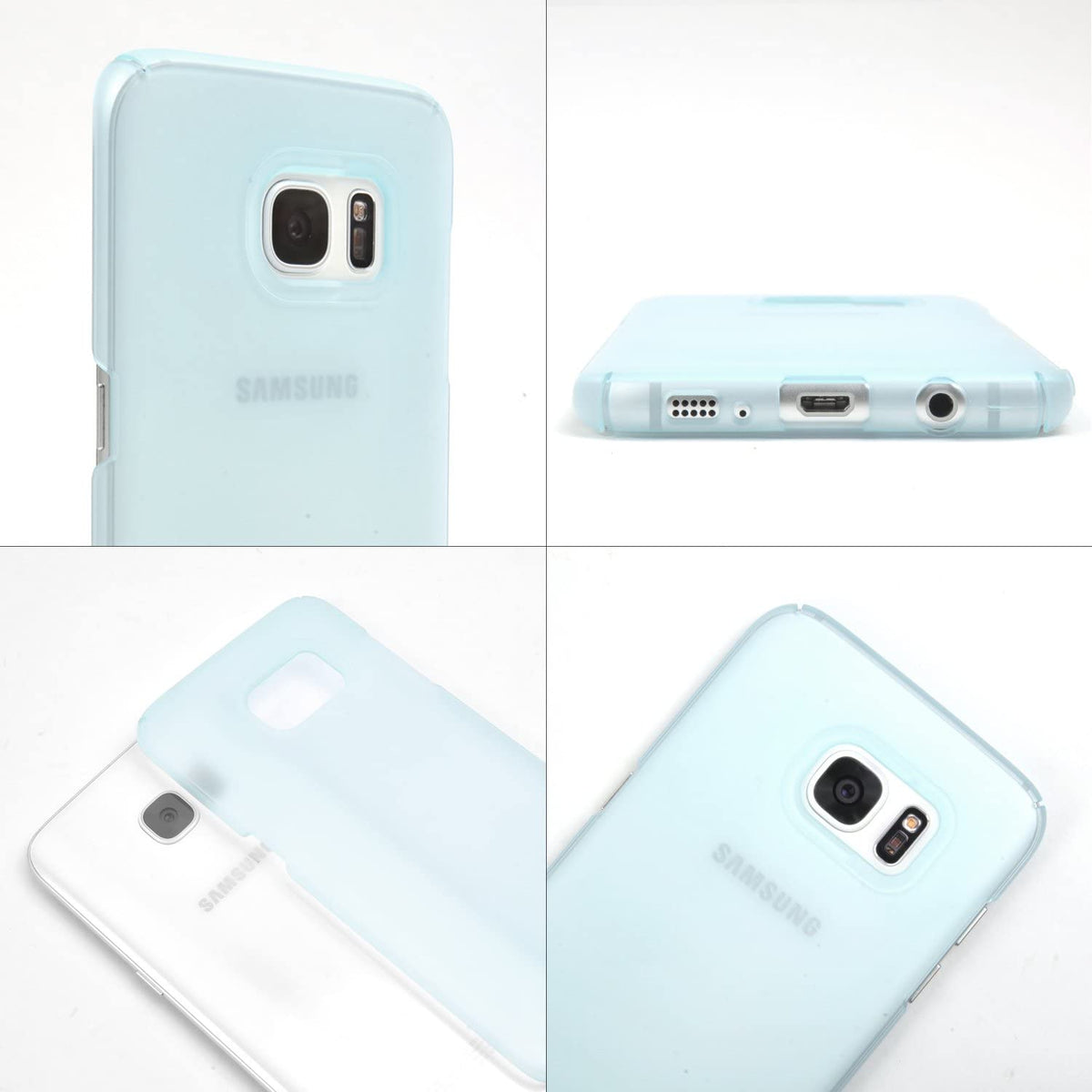 Galaxy S7 Edge Case | Slim - Four views of a translucent light blue slim phone case on a white Samsung Galaxy S7 Edge.