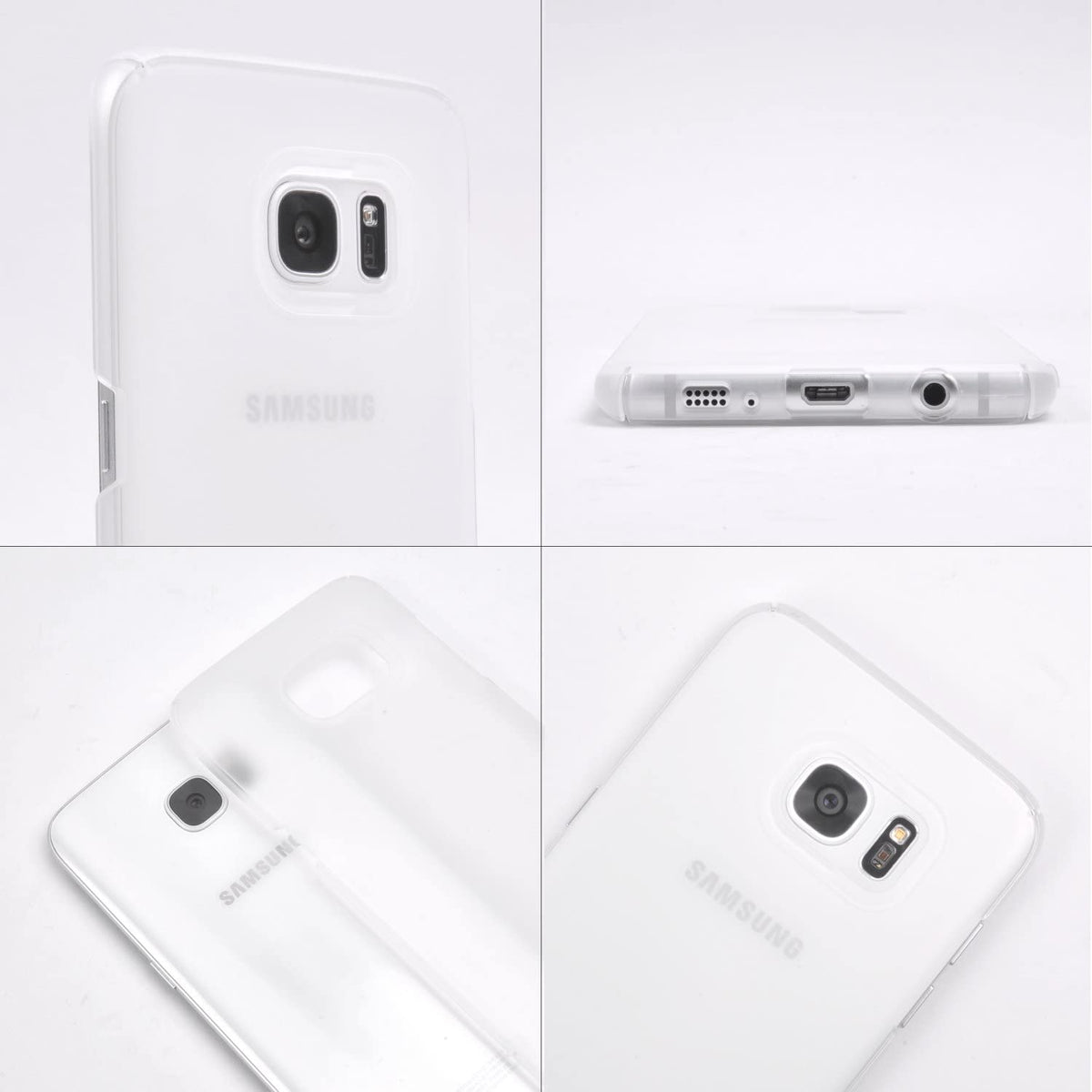 Galaxy S7 Edge Case | Slim - Four views of a translucent white slim protective case on a white Samsung Galaxy S7 Edge.