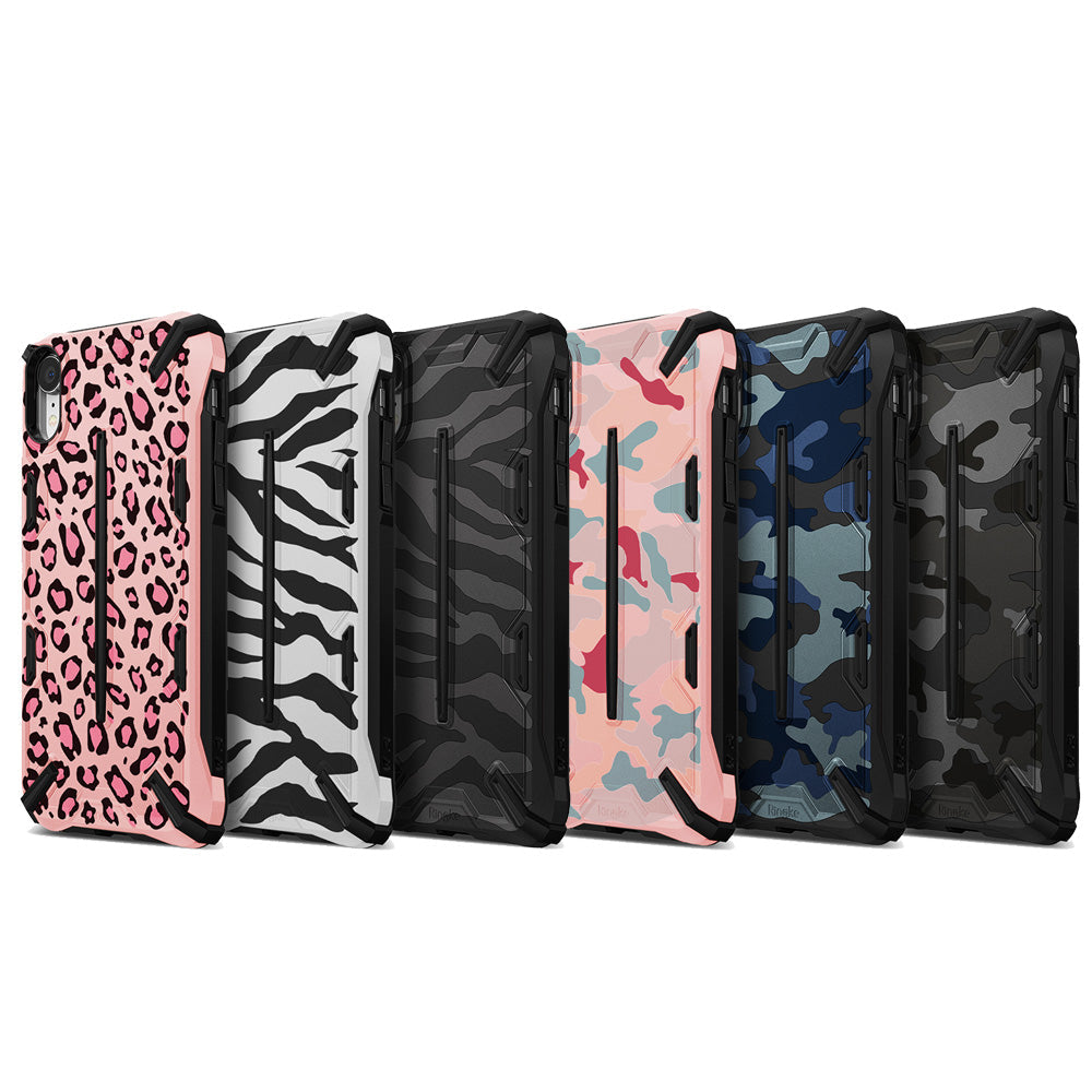 iPhone XR Case | Dual-X Design - Six rugged phone cases in various patterns including leopard, zebra, and camouflage prints.