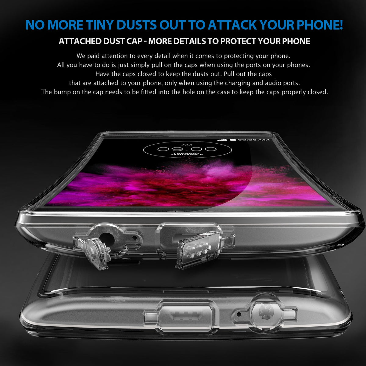 LG G Flex 2 Case | Fusion - Clear phone case with integrated dust caps open to reveal charging and audio ports.
