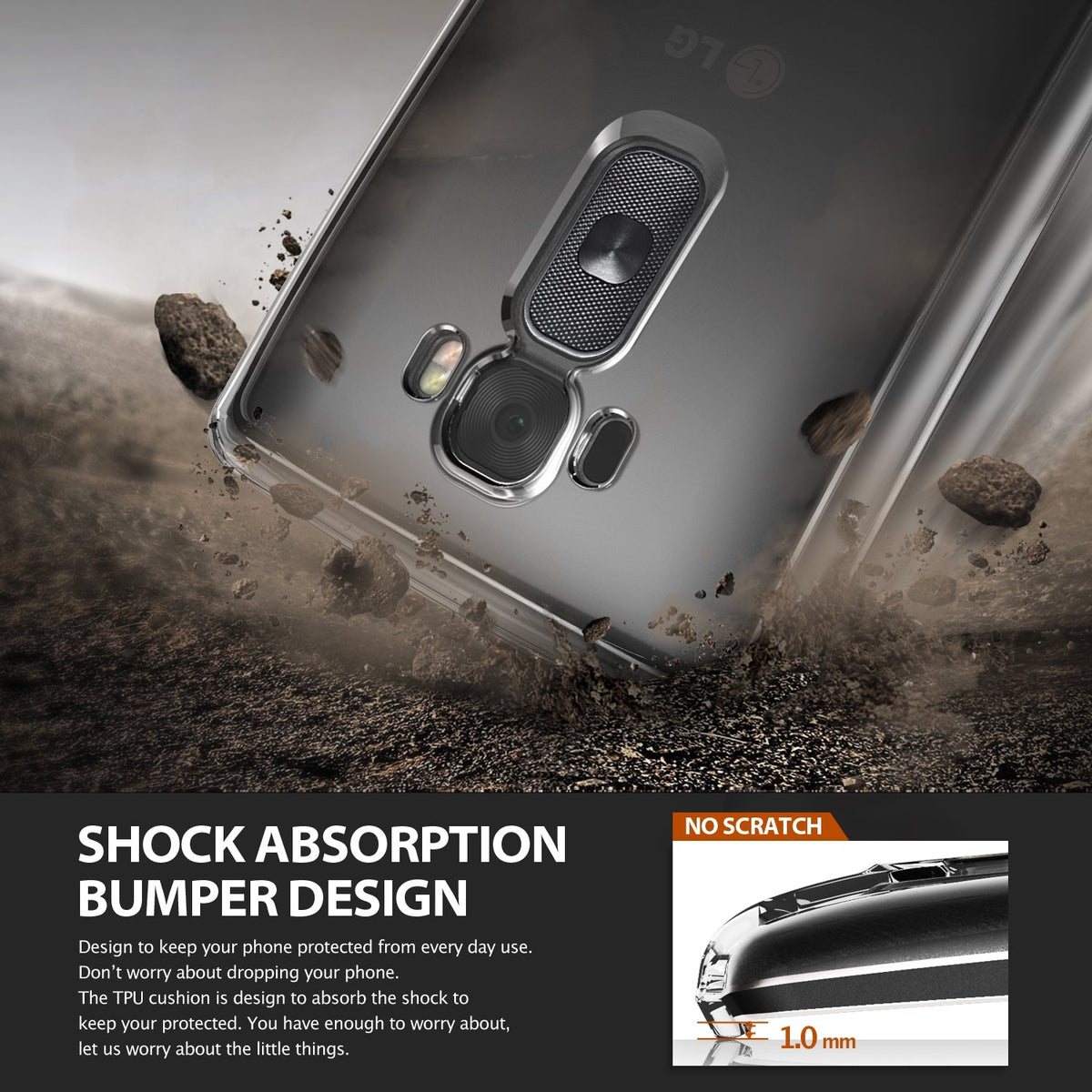 LG G Flex 2 Case | Fusion - Clear phone case on a LG G Flex 2 hitting dirt, highlighting shock absorption and scratch protection.