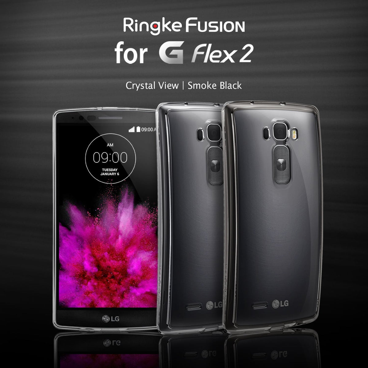 LG G Flex 2 Case | Fusion - Three LG G Flex 2 phones in clear and smoke black cases against a dark background.