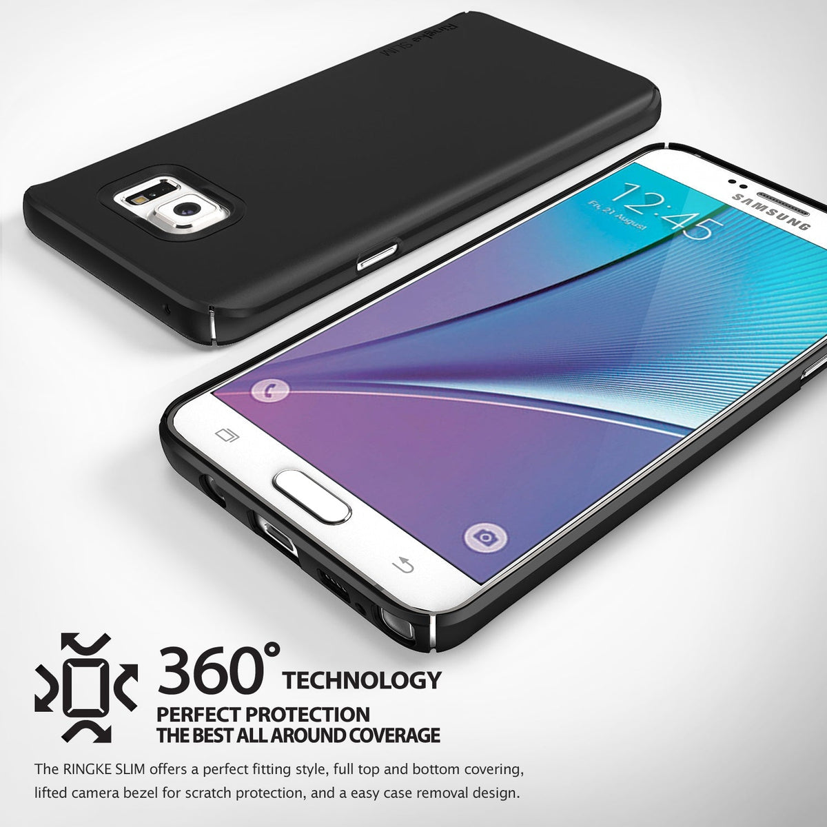 Galaxy Note 5 Case | Slim - Black slim-fit phone case shown from front and back angles with 360-degree protection text.