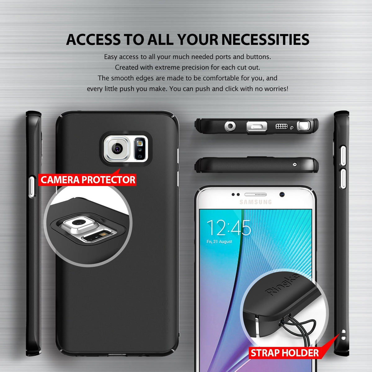 Galaxy Note 5 Case | Slim - Black phone case showing precise cutouts, camera protection, and a built-in strap holder.