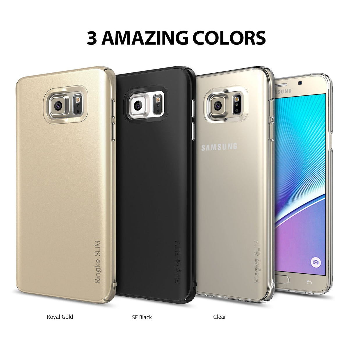 Galaxy Note 5 Case | Slim - Three Ringke Slim phone cases in Royal Gold, SF Black, and Clear displayed side-by-side.