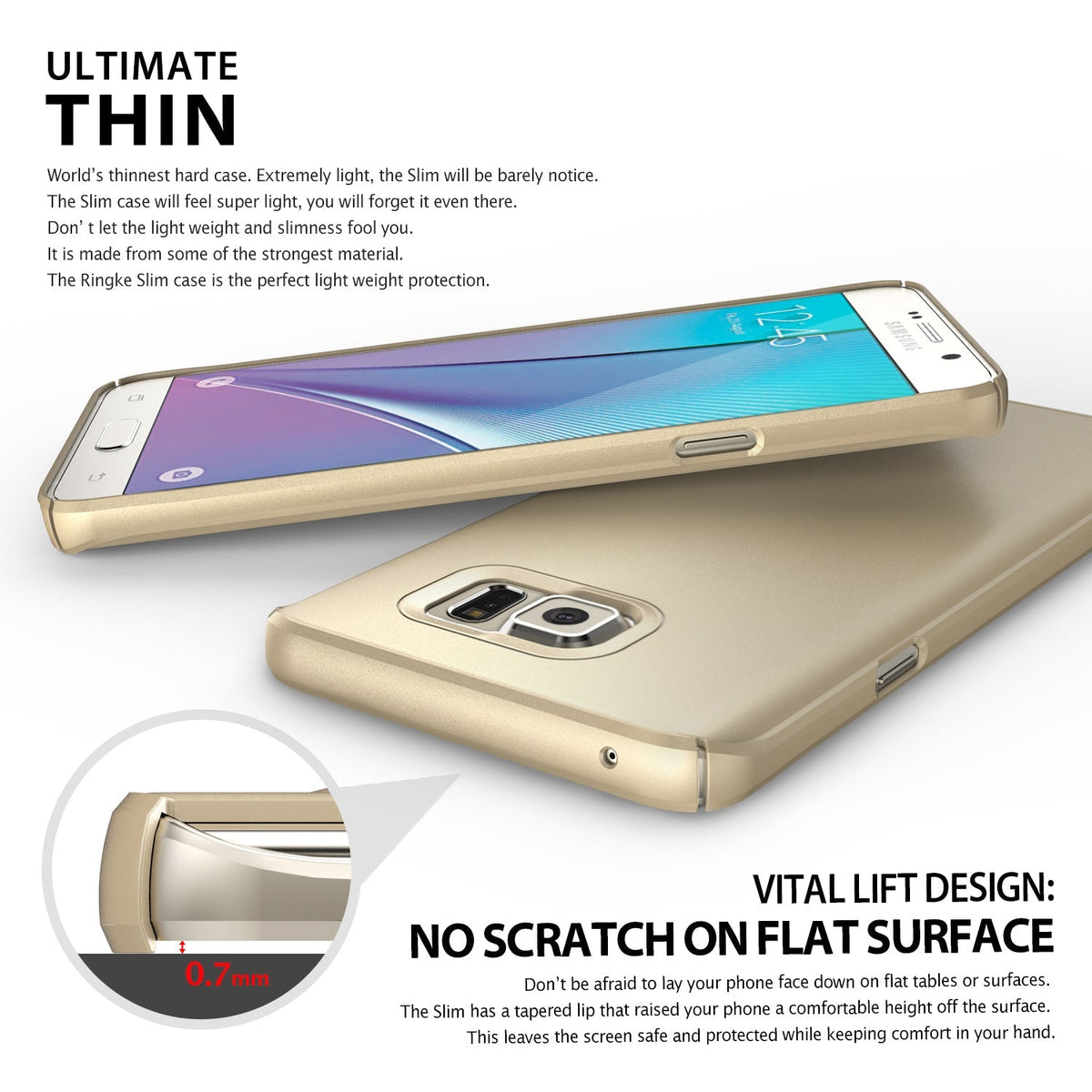 Galaxy Note 5 Case | Slim - Gold phone case showing a slim profile, camera cutout, and 0.7mm raised lip for screen protection.