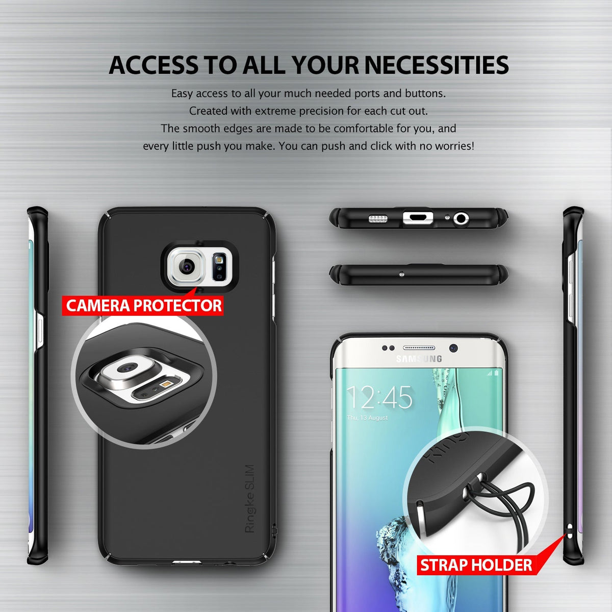 Galaxy S6 Edge Plus Case | Slim - Black phone case showing camera protection, port cutouts, and a strap holder.