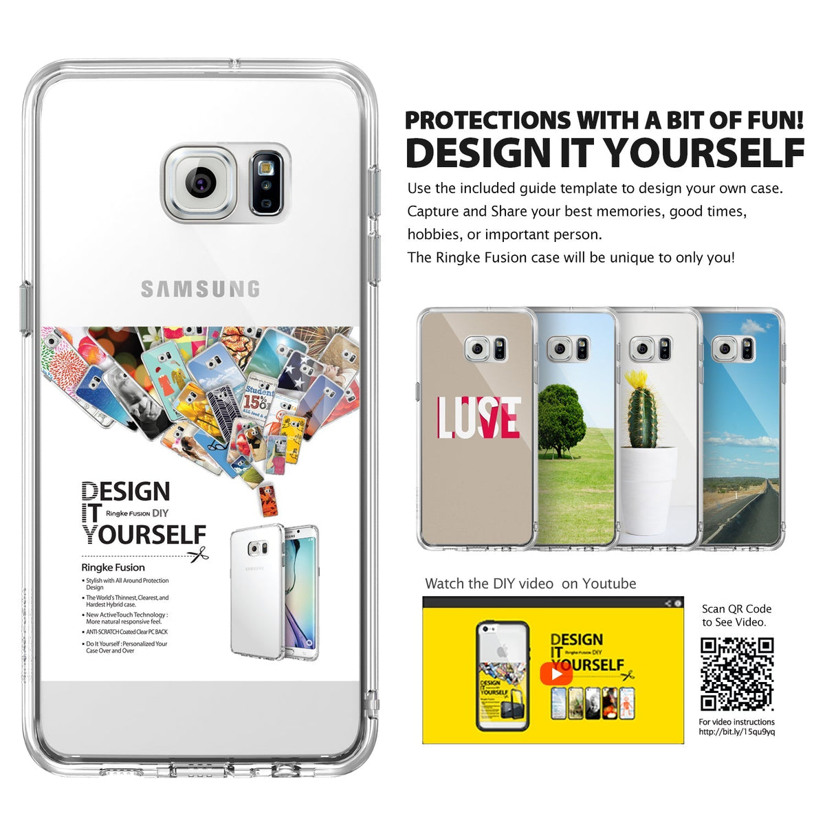 Galaxy S6 Edge Plus Case | Fusion - Clear phone case showing DIY customization options with photos, text, and a QR code.