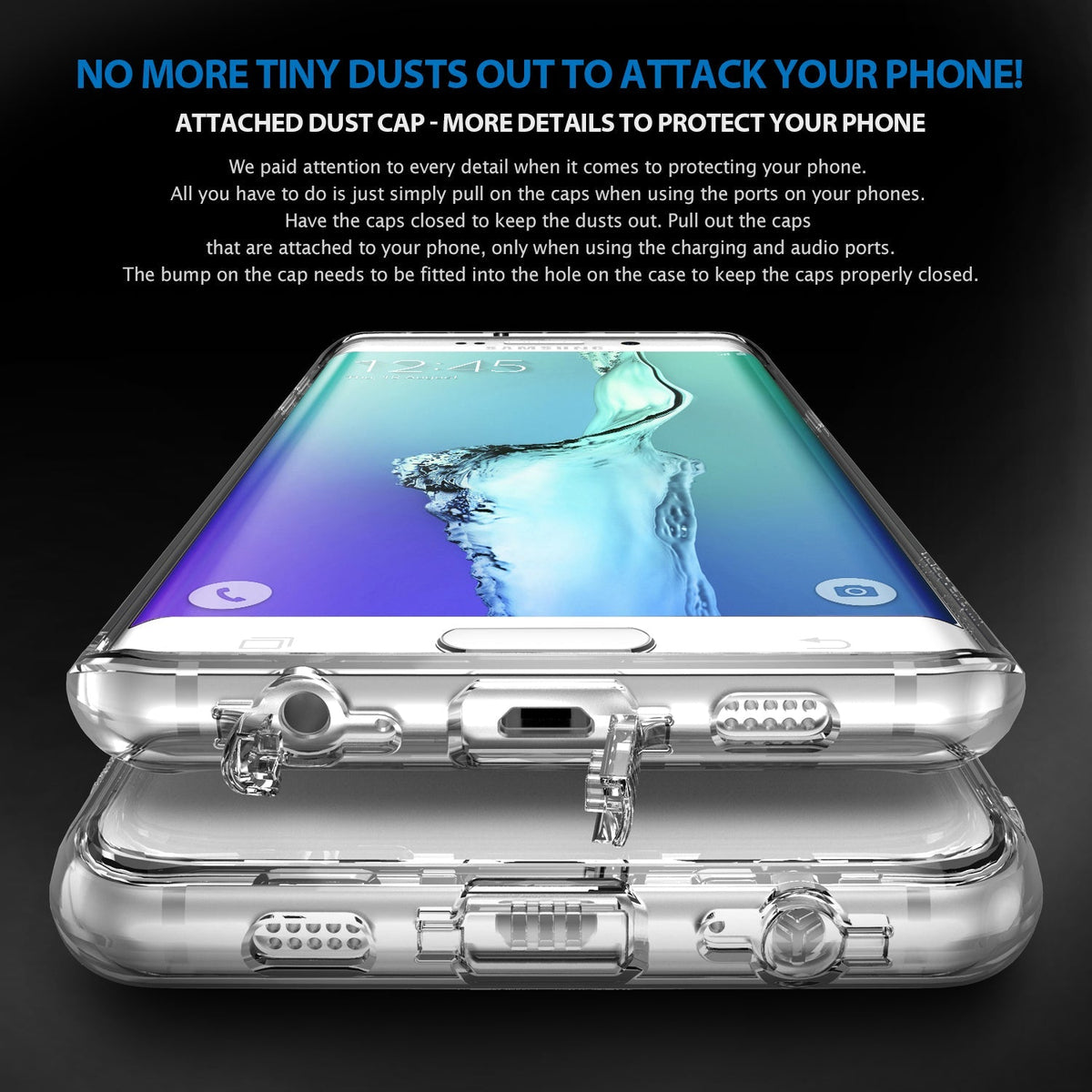Galaxy S6 Edge Plus Case | Fusion - Clear phone case with integrated dust caps covering the charging and audio ports.
