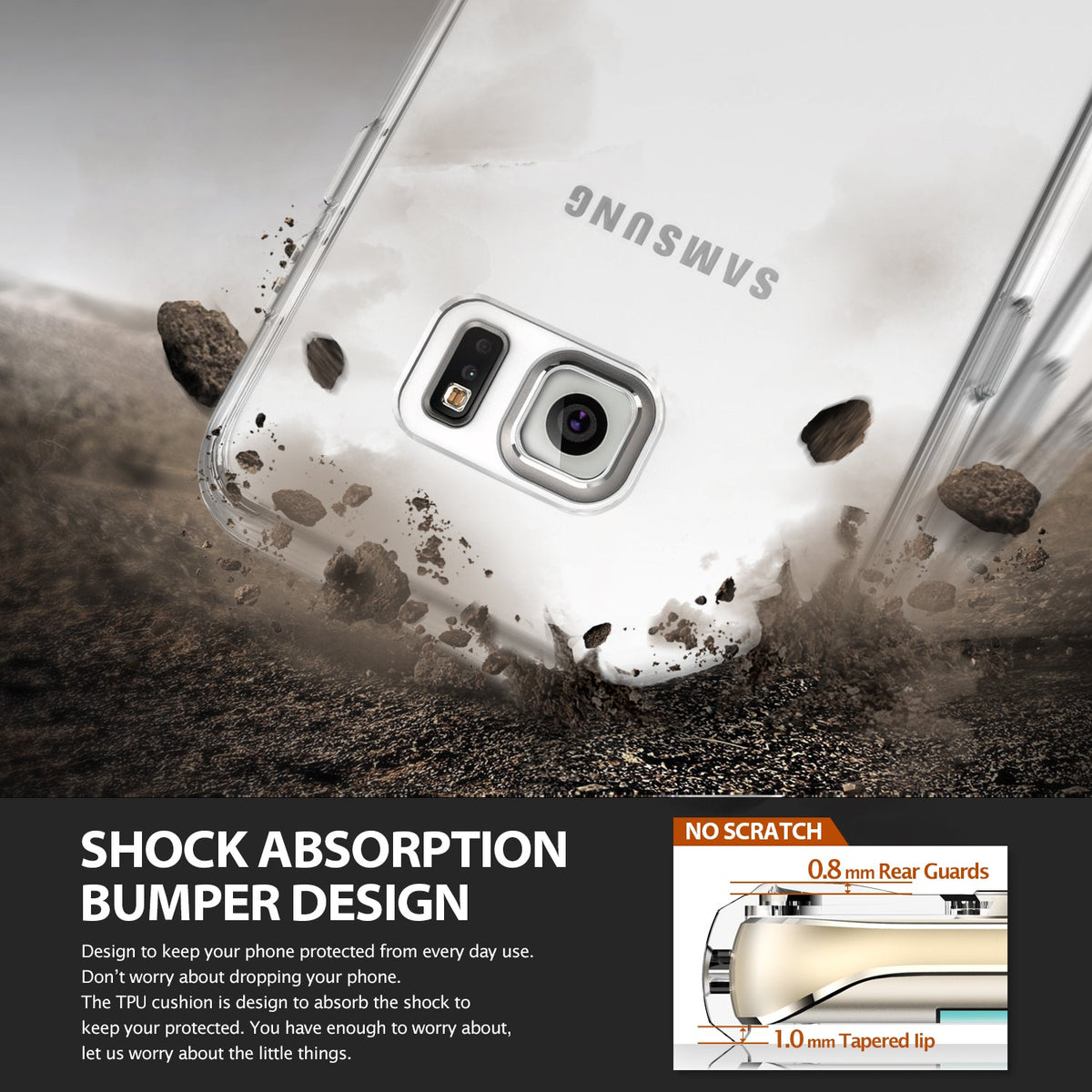 Galaxy S6 Edge Plus Case | Fusion - Clear phone case hitting dirt with inset diagram showing 0.8mm rear guards and lip.