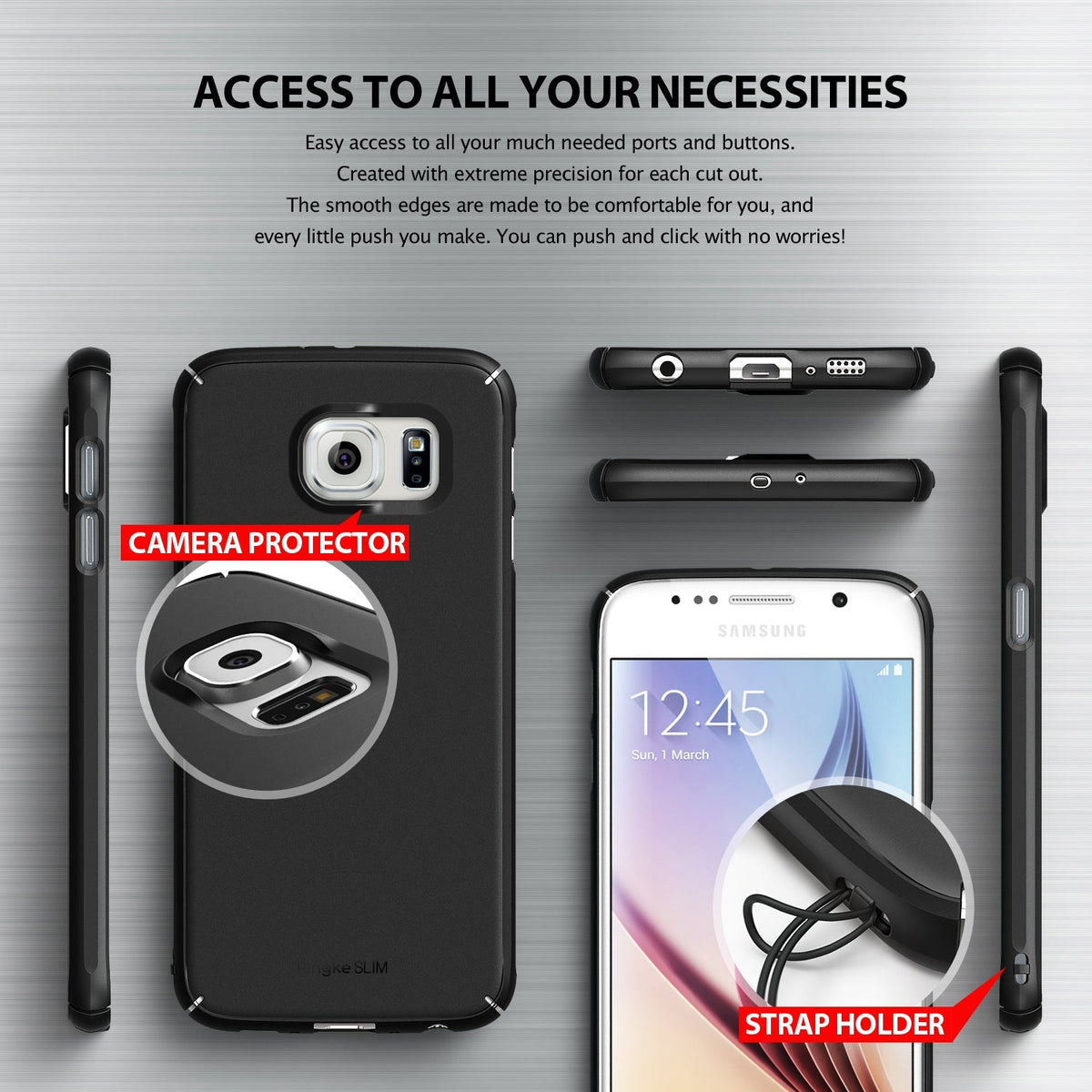 Galaxy S6 Case | Slim - Multiple views of a black phone case highlighting precise port cutouts, camera protection, and a strap.