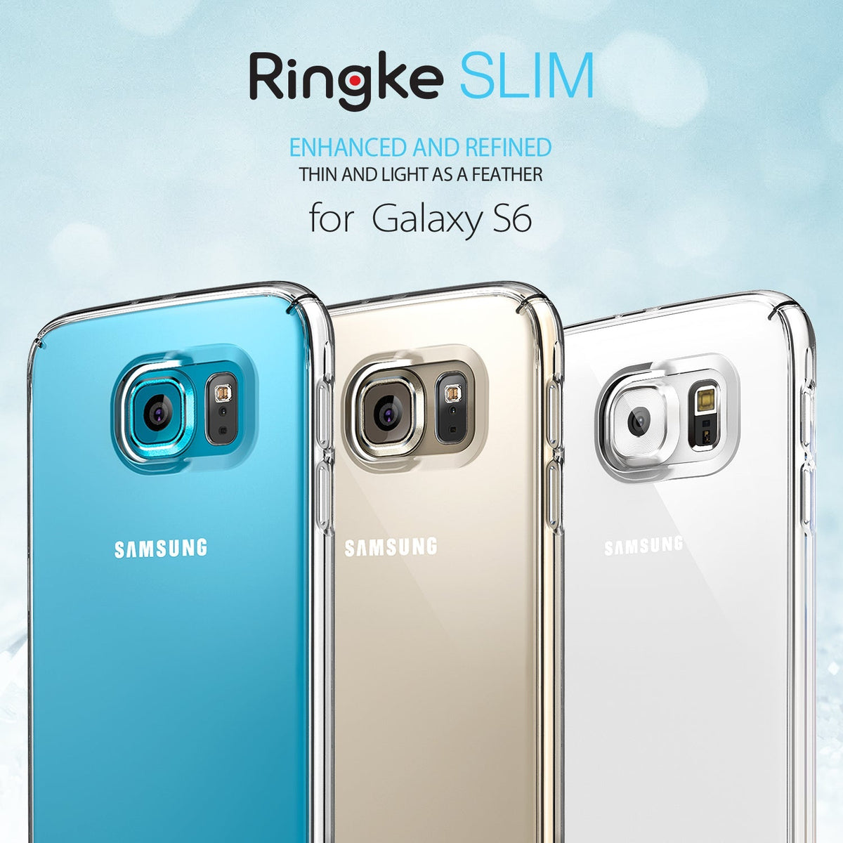 Galaxy S6 Case | Slim - Three Samsung Galaxy S6 phones in blue, gold, and clear slim cases against a light blue background.