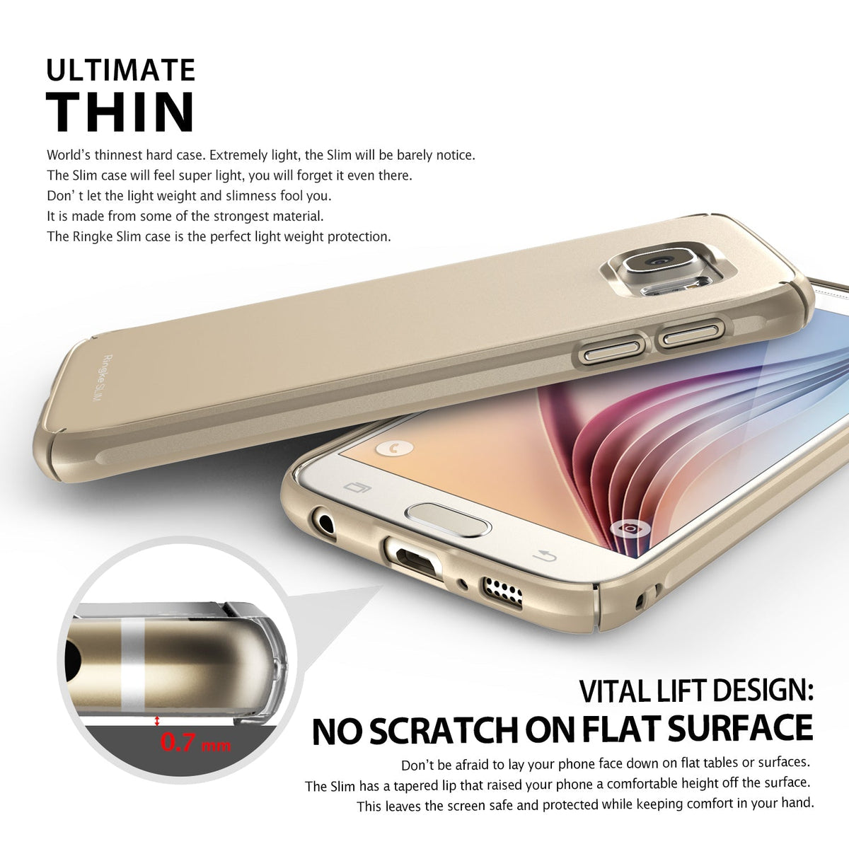 Galaxy S6 Case | Slim - Gold Galaxy S6 in a slim protective case with a 0.7mm raised lip for screen protection.