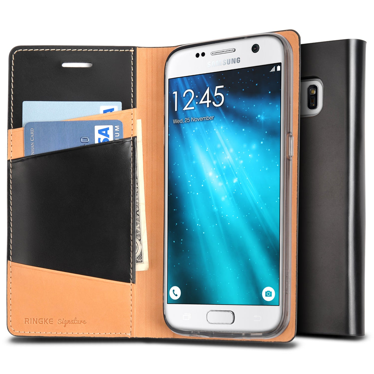 Galaxy S7 Case | Signature - Black leather wallet case with card slots, tan interior, and a Galaxy S7 phone inside.
