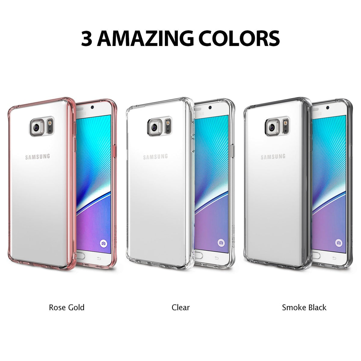 Galaxy Note 5 Case | Fusion - Three Galaxy Note 5 phones in Rose Gold, Clear, and Smoke Black cases shown from back and front.