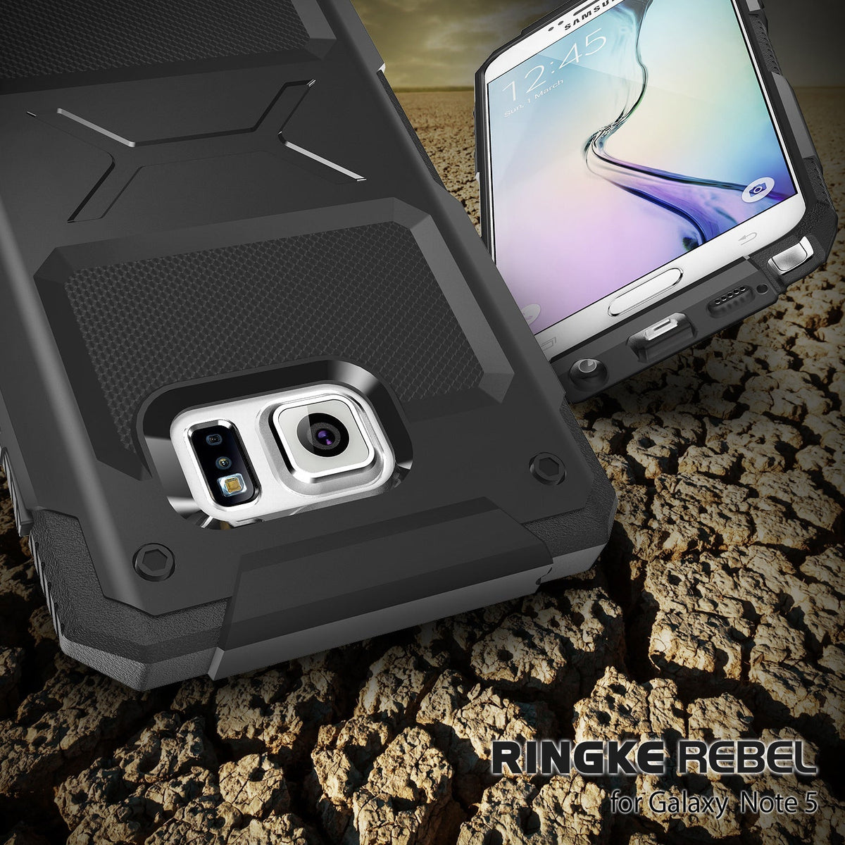 Galaxy Note 5 Case | Rebel - Rugged black protective phone case shown from back and front on a cracked desert ground background.