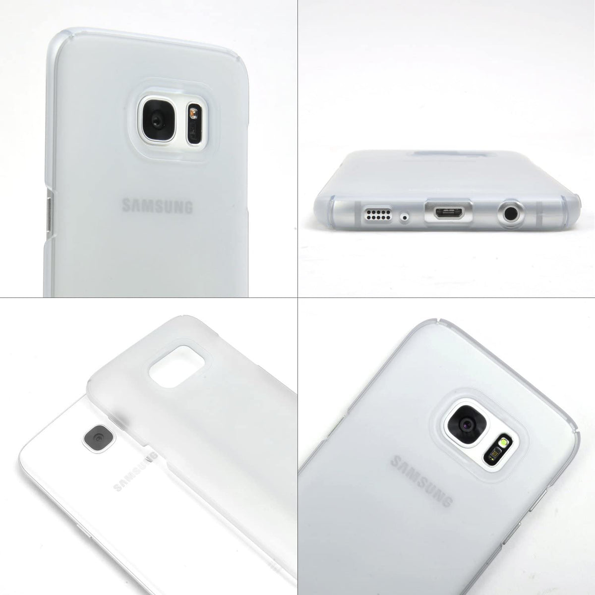 Galaxy S7 Edge Case | Slim - Four views of a translucent, slim-fit protective case on a Samsung Galaxy S7 Edge phone.