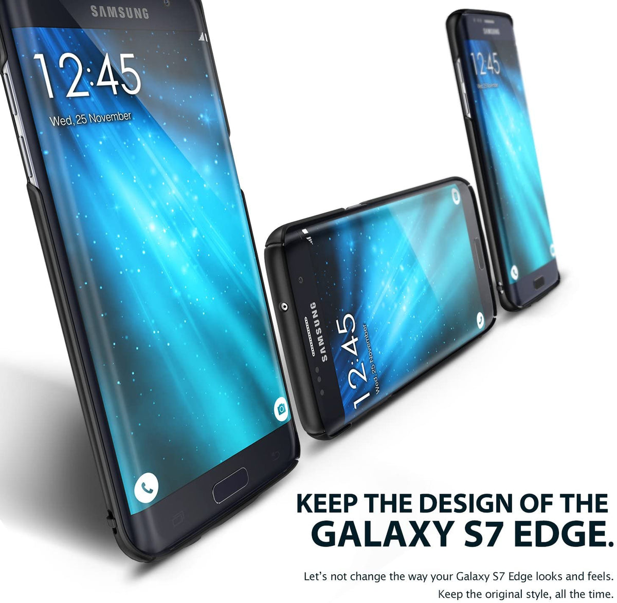 Galaxy S7 Edge Case | Slim - Three Galaxy S7 Edge phones in slim black cases displayed at different angles on white.
