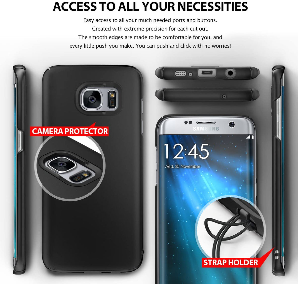 Galaxy S7 Edge Case | Slim - Multiple views of a black phone case highlighting camera protection, port cutouts, and a strap holder.