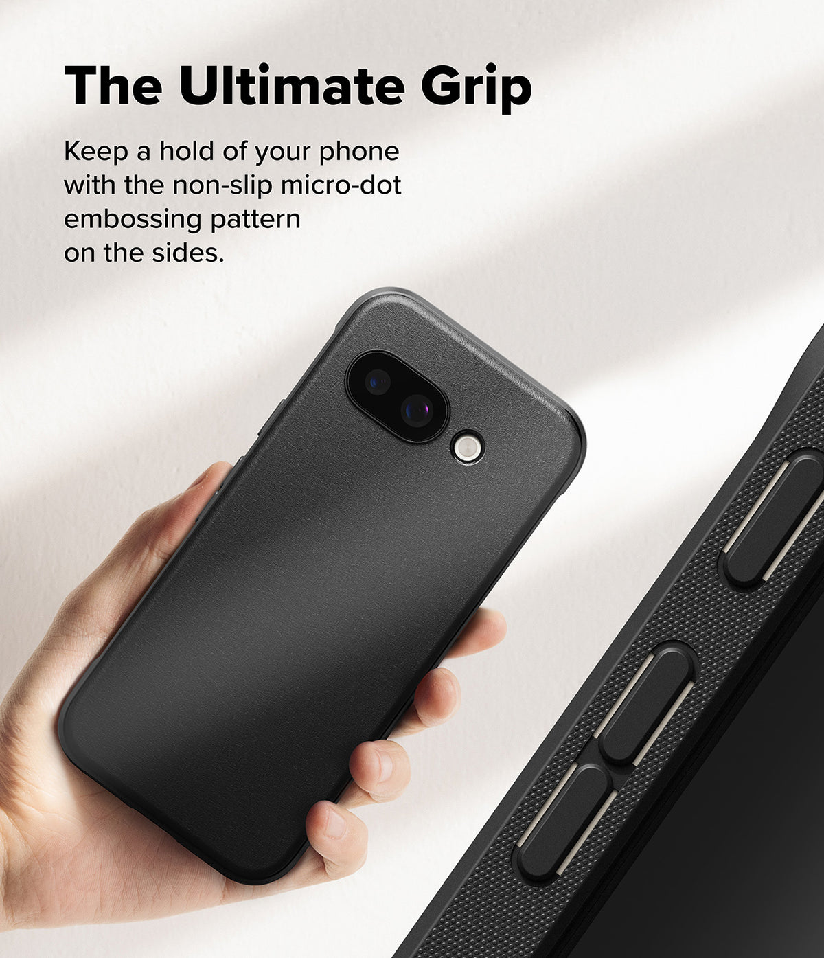 Google Pixel 9a Case | Onyx Magnetic - Hand holding a black phone case with a textured micro-dot grip pattern on the side.