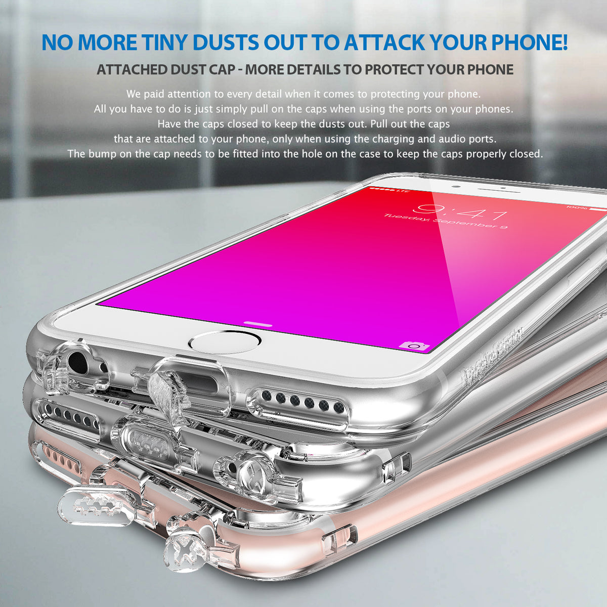 iPhone 6s Plus Case | Fusion - Shadow Black - Stacked phones in clear cases with integrated port dust covers.