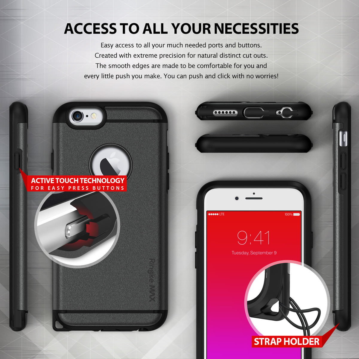 iPhone 6s Plus Case | Max - Black - Black protective phone case showing button cutouts, ports, and integrated strap holder.