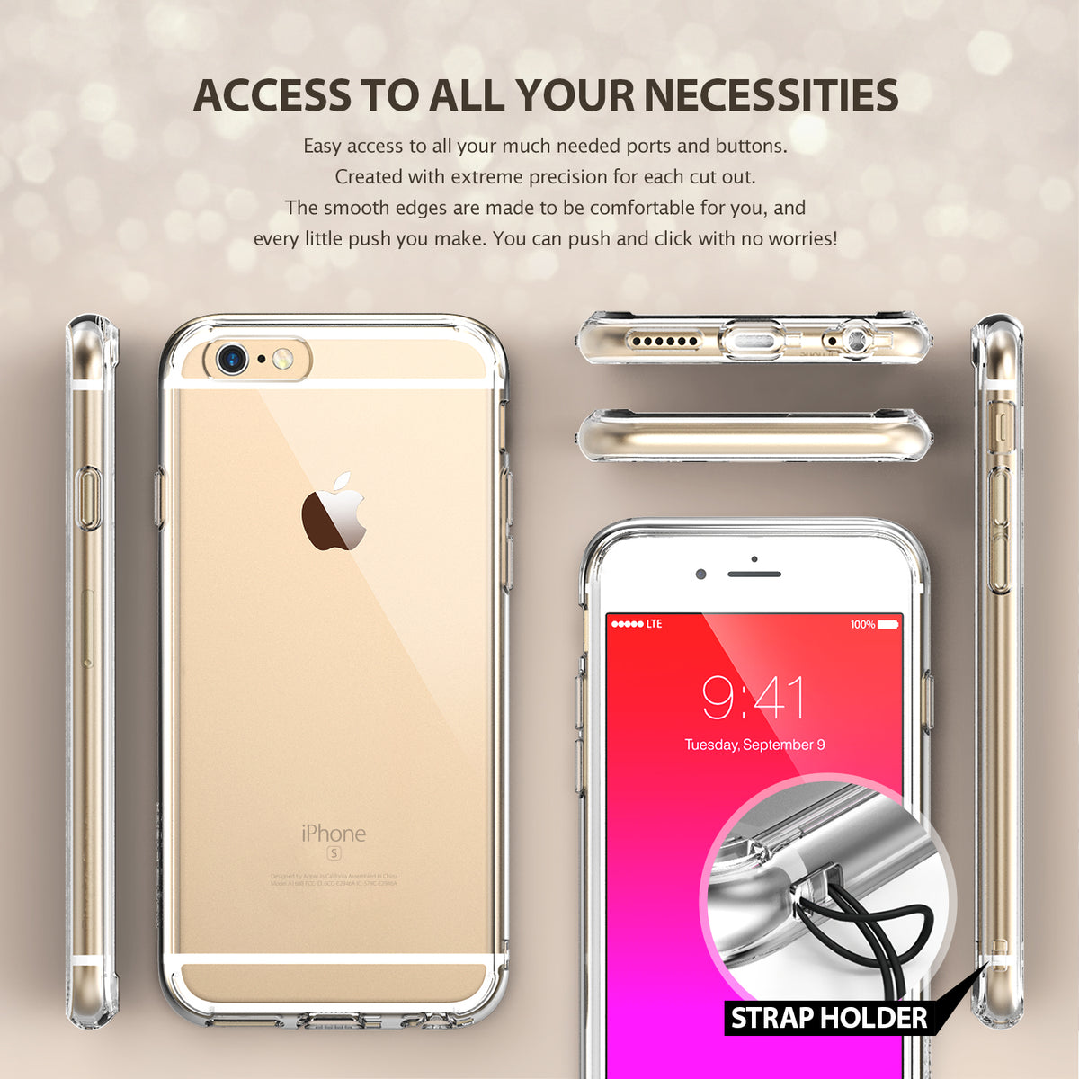 iPhone 6s Case | Fusion - Shadow Black - Multiple views of a clear iPhone 6s case showing port access and a strap holder.