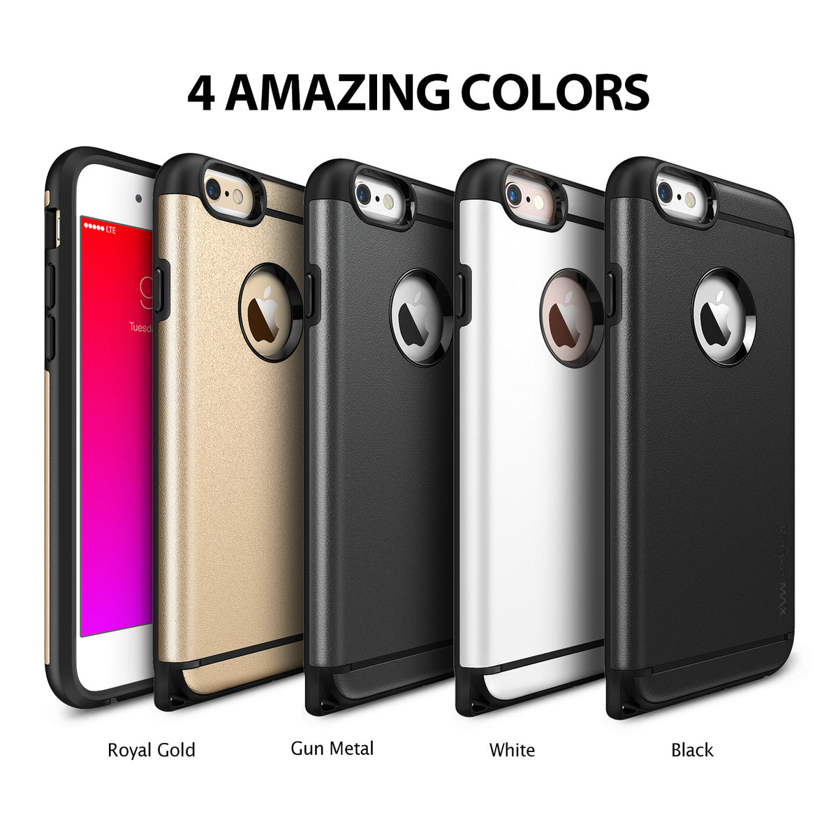iPhone 6s / 6 Case | Max - Royal Gold - Four iPhone cases in gold, gunmetal, white, and black displayed in a row.