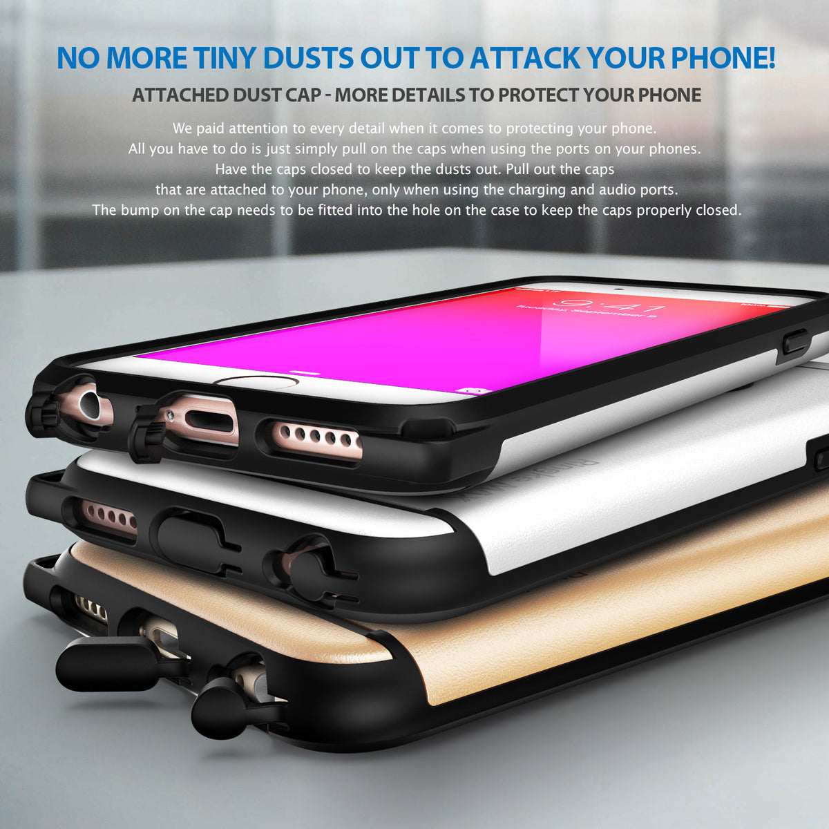 iPhone 6s Plus Case | Max - Black - Stack of three phones in black cases with integrated port dust caps.