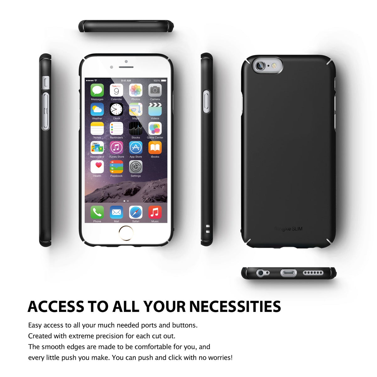 iPhone 6 Plus Case | Slim - Multiple views of a black slim phone case showing precise cutouts for buttons and ports.