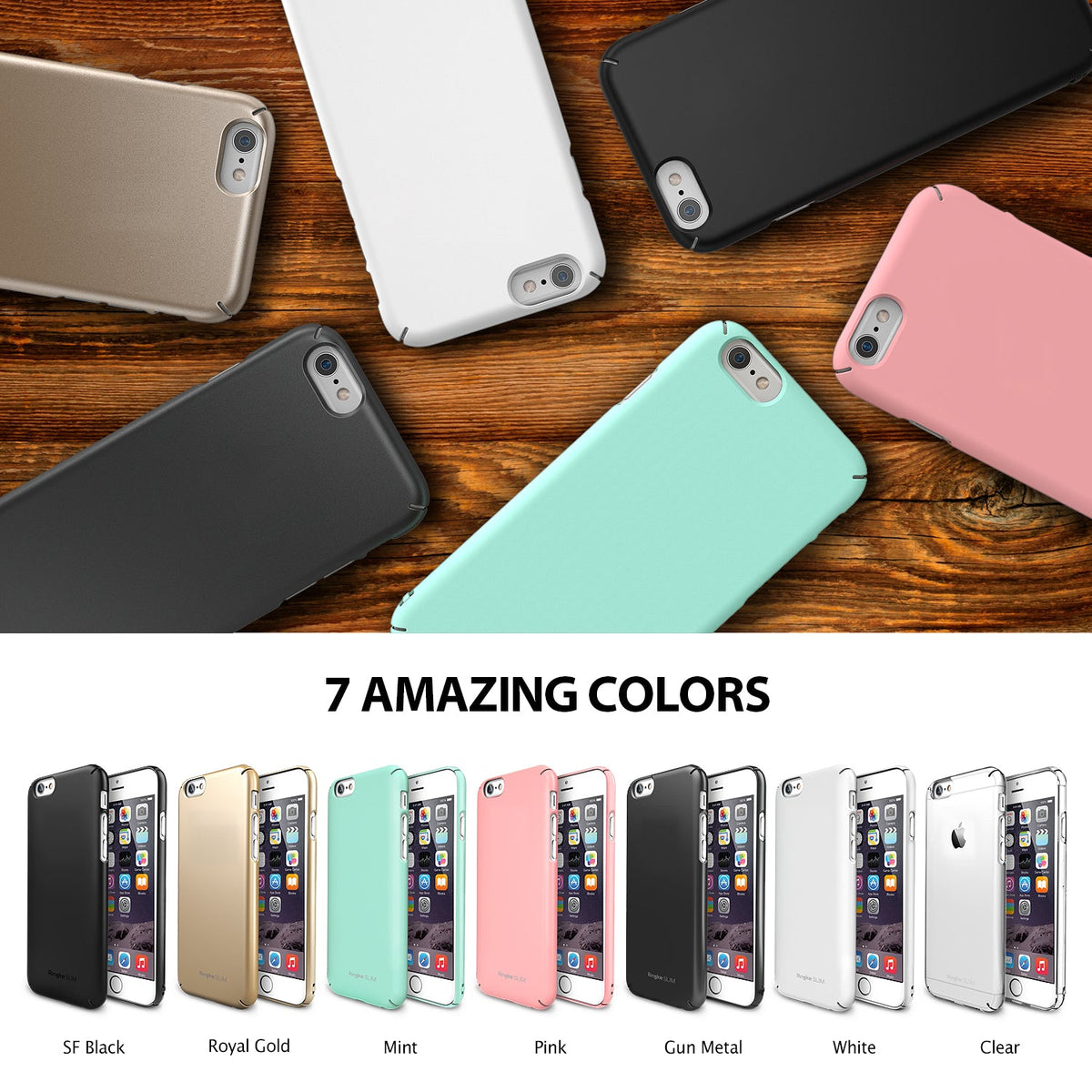 iPhone 6 Plus Case | Slim - Seven colorful slim phone cases arranged on a wood surface with a product lineup below.