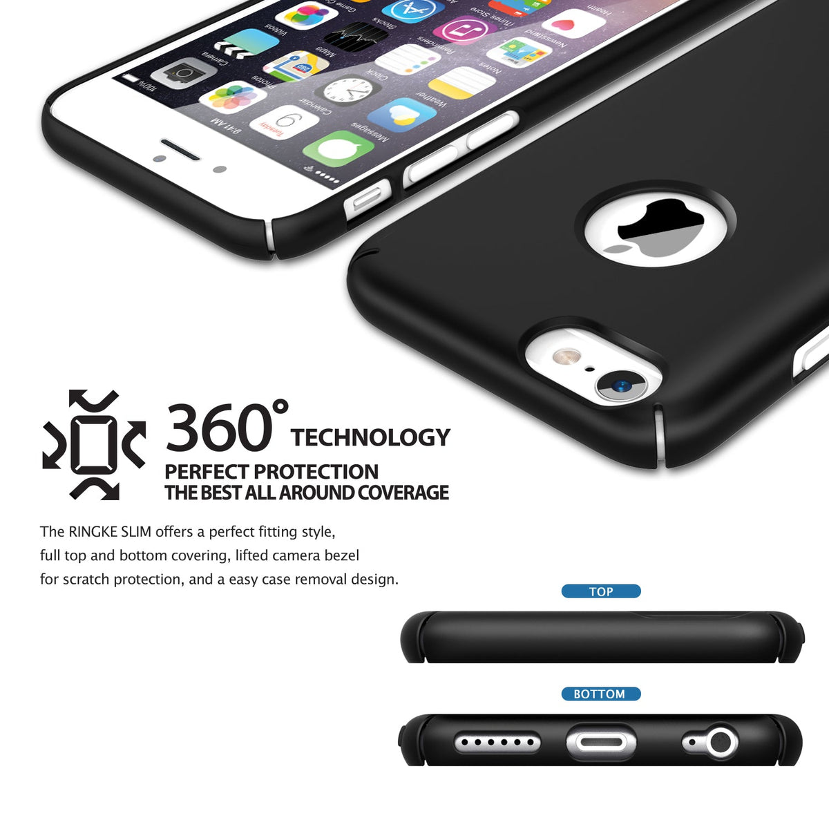 iPhone 6 Plus Case | Slim Logo-Cut - Black iPhone 6 Plus case with logo cutout, 360-degree protection, and top/bottom views.