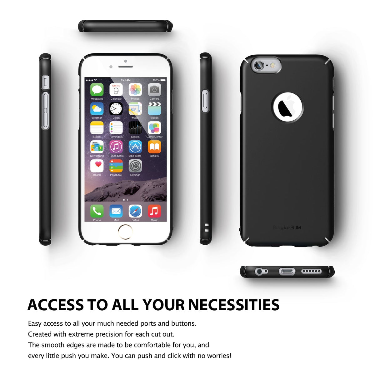iPhone 6 Plus Case | Slim Logo-Cut - Multiple views of a black slim phone case showing cutouts for ports, buttons, and logo.
