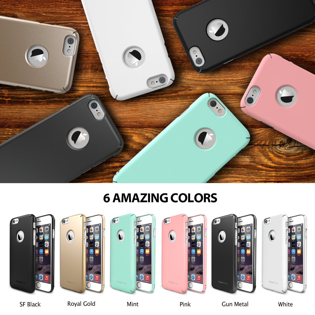 iPhone 6 Plus Case | Slim Logo-Cut - Six iPhone 6 Plus cases in various colors arranged on a wooden surface with a color guide.