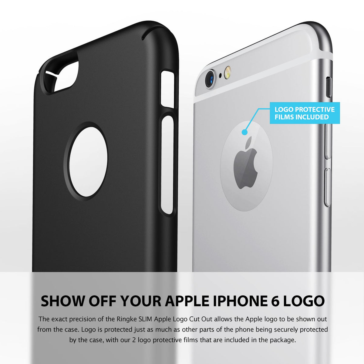 iPhone 6 Plus Case | Slim Logo-Cut - Black case with circular logo cutout next to an iPhone showing protective film.