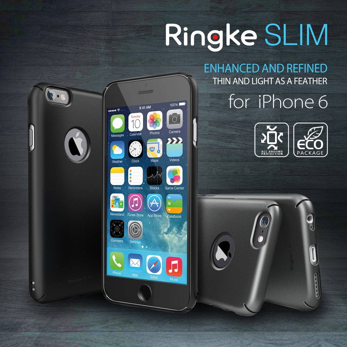 iPhone 6 Plus Case | Slim Logo-Cut - Black Ringke Slim cases for iPhone 6 shown from front, back, and side angles.