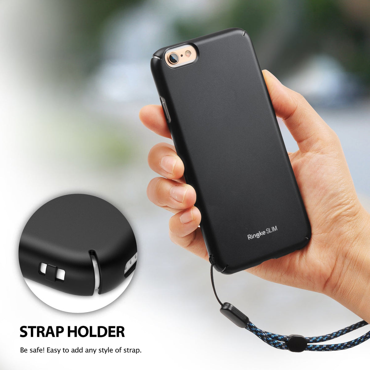 iPhone 6 Case | Slim - Hand holding a black slim phone case with a lanyard strap attached and a close-up of the strap hole.