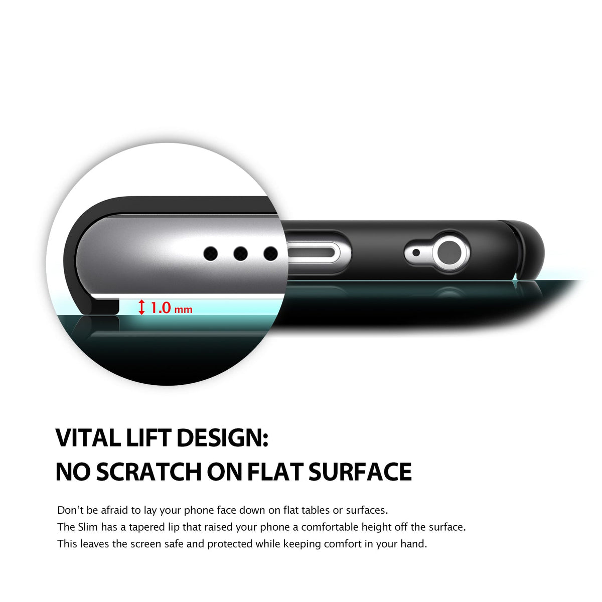 iPhone 6 Case | Slim - Close-up of a phone case edge showing a 1.0mm raised lip to protect the screen from flat surfaces.