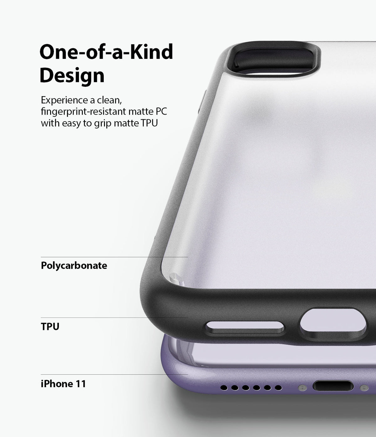 iPhone 11 Case | Fusion Matte - Close-up of a matte black phone case on a purple iPhone 11, highlighting polycarbonate and TPU layers.