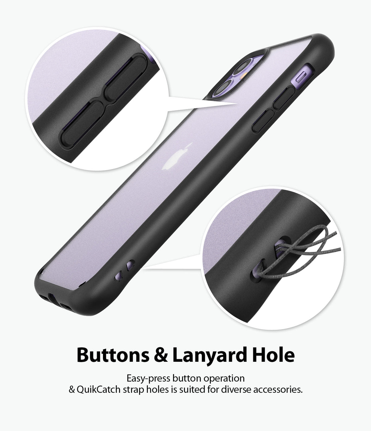 iPhone 11 Case | Fusion Matte - Close-up of phone case buttons and QuikCatch lanyard holes with a strap threaded through.