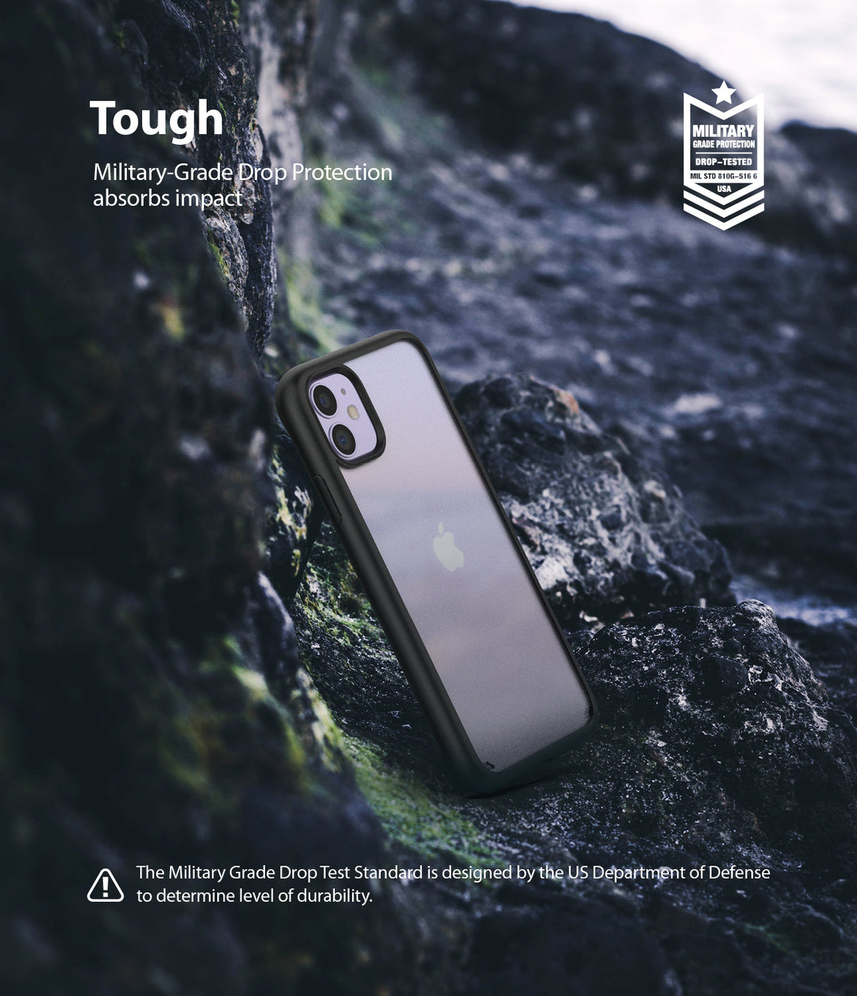 iPhone 11 Case | Fusion Matte - Matte black iPhone 11 case resting on dark, rugged rocks with military-grade protection text.