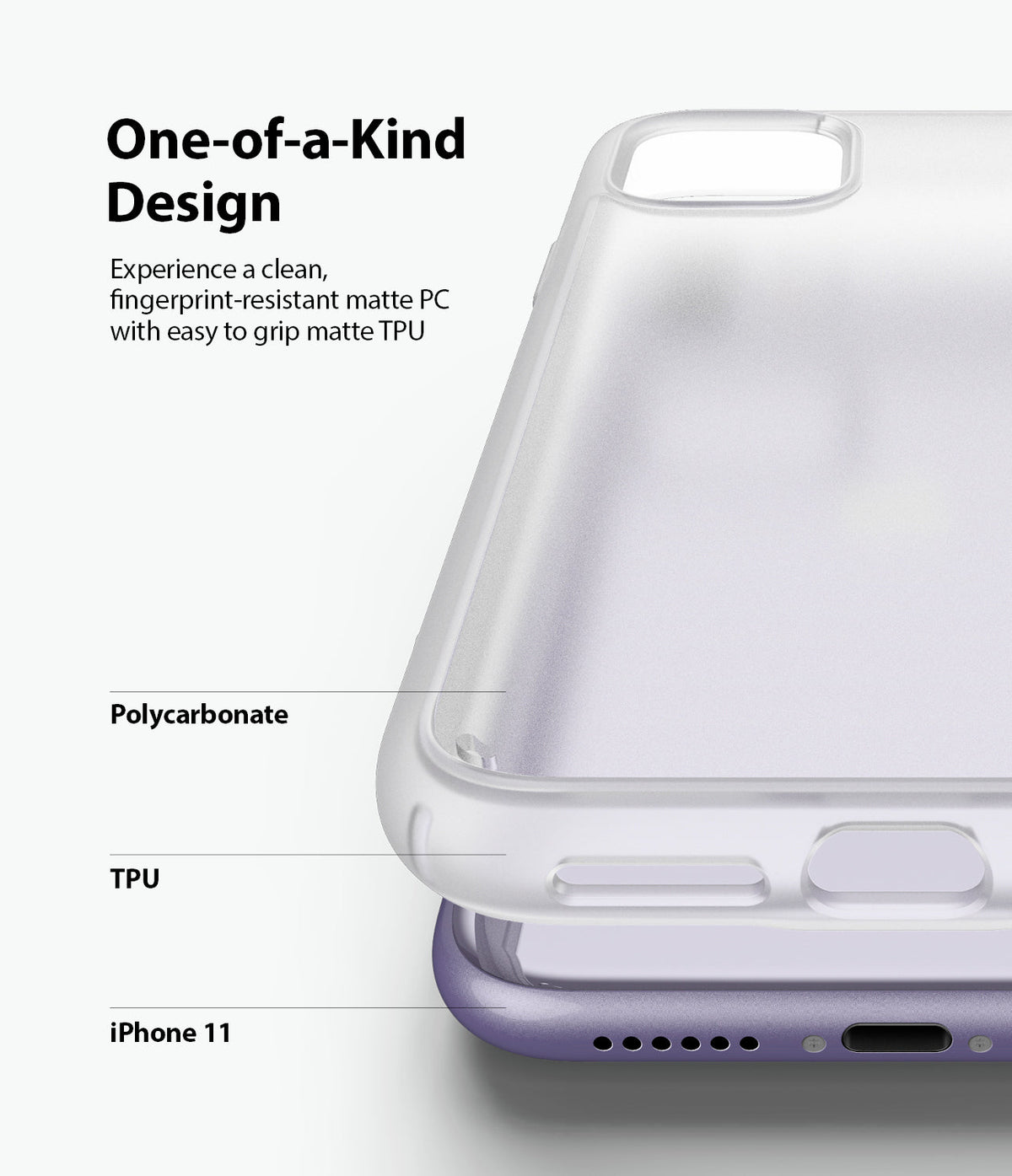 iPhone 11 Case | Fusion Matte - Close-up of a frosted matte phone case highlighting polycarbonate and TPU layers on an iPhone 11.