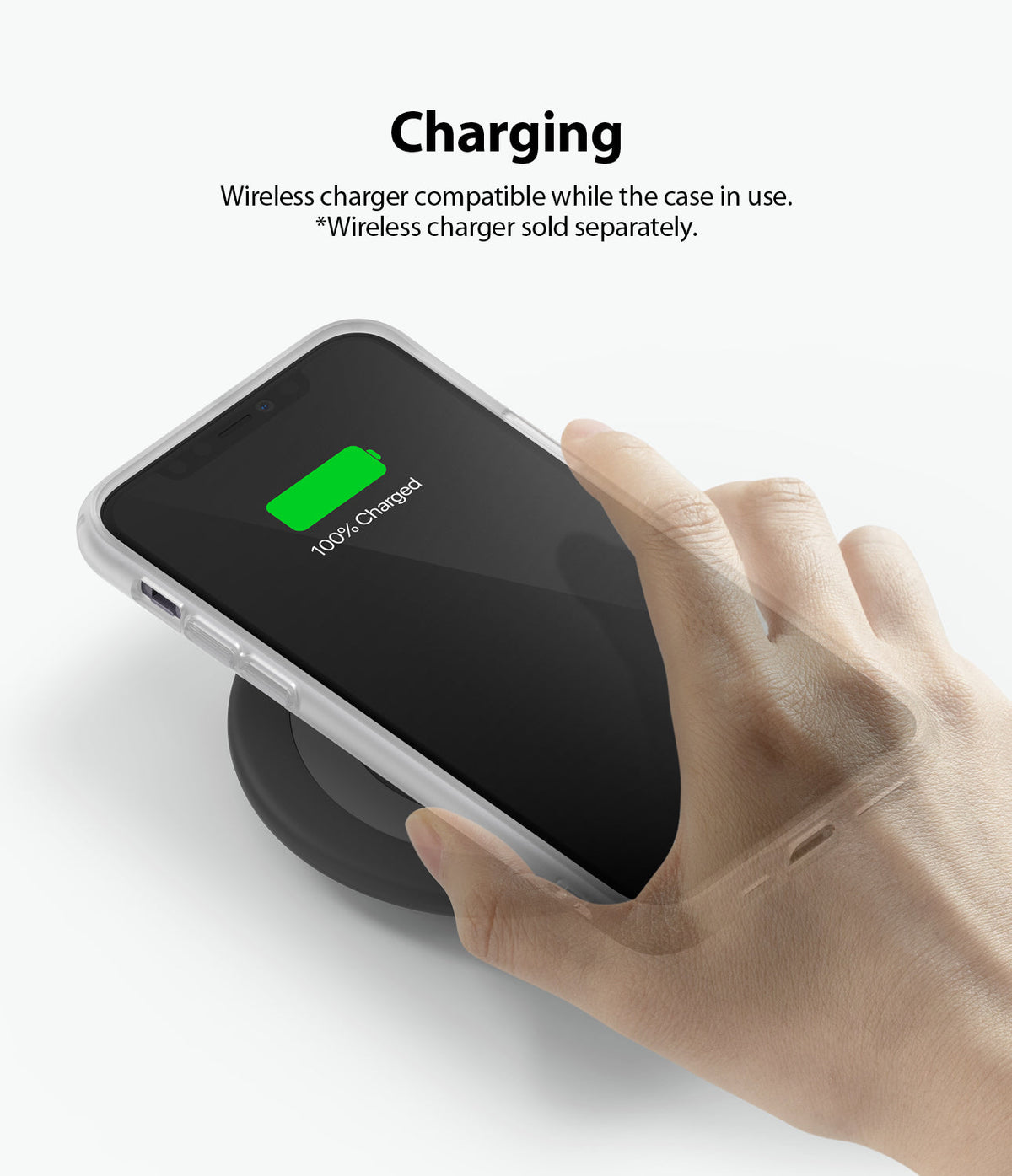 iPhone 11 Case | Fusion Matte - Hand placing an iPhone 11 with a matte case onto a wireless charging pad showing 100% charge.